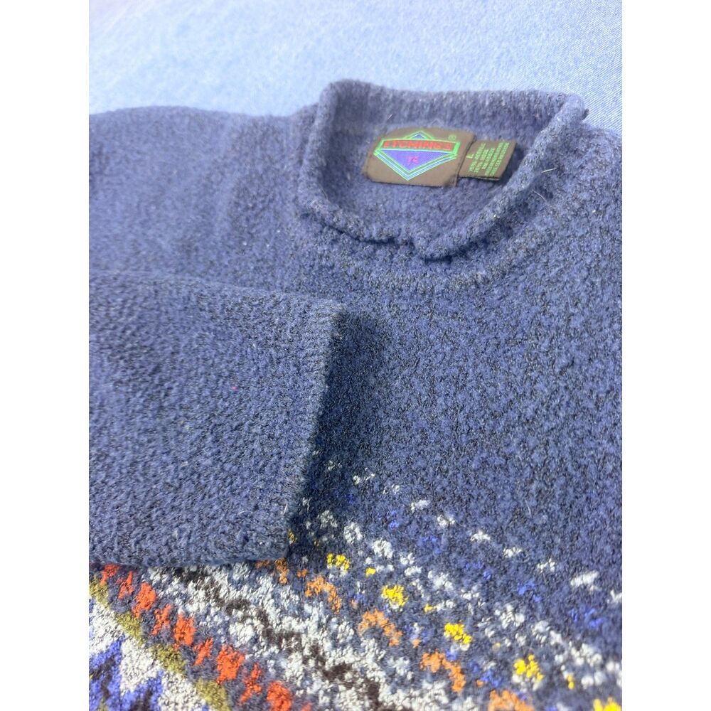 Vintage Etchings Knit Sweater Mens Large Blue Wool Blend